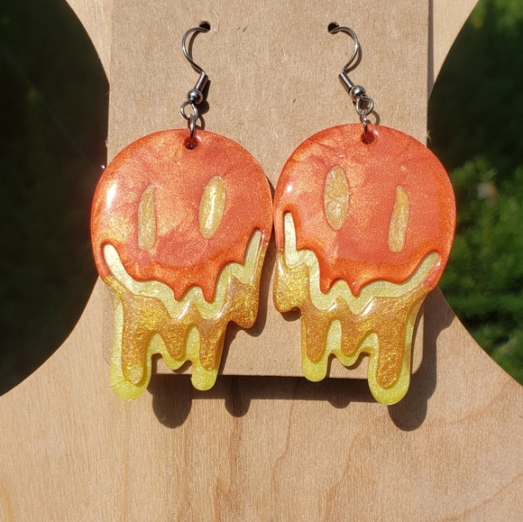Jewelry - Melting Smiley Face Earrings/ Resin/ Handmade/ Stainless Steel Hooks 🧡⭐